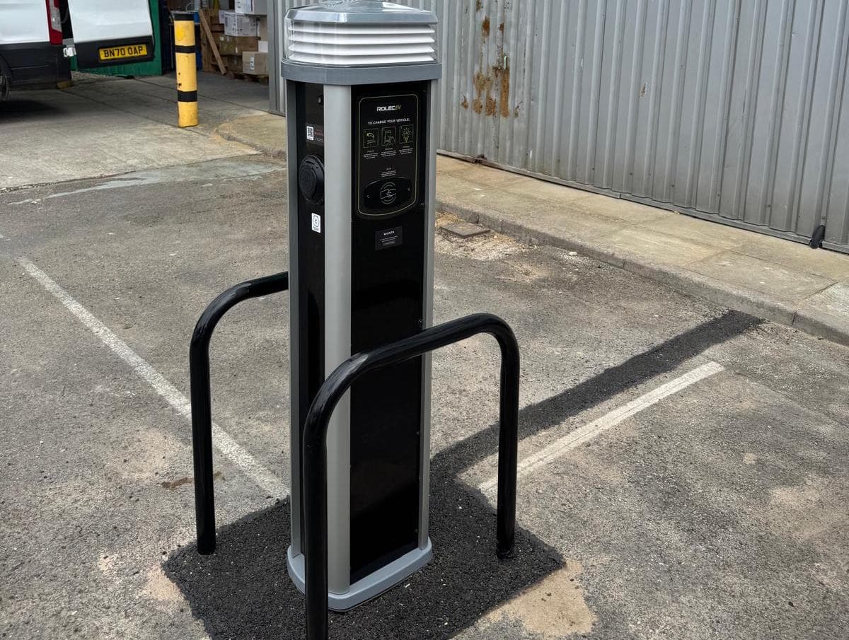 A commercial electric vehicle charge point installed on site